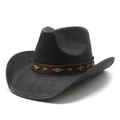 Classic black woven western cowboy hat with ethnic patterned leather band for sun protection - M (56-58cm) / Black