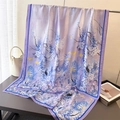 Close-up of silk scarf with purple wisteria, yellow birds, and navy blue border - 180*80cm / Light Purple Bird Floral
