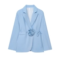 Detailed view of light blue blazer with exquisite 3D rose floral waist decoration - S / Light Blue