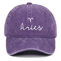 Detail shot of Aries zodiac embroidery on vintage washed purple cotton baseball cap - Purple