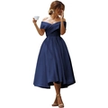Elegant navy blue off-shoulder satin midi wedding guest dress with a pleated waist - US size 12 (L) / Bottoms / Navy Blue