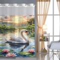 Détail du rideau de douche gaufré avec paysage de lac aux cygnes et œillets métalliques - 181x188cm / Lac des Cygnes au Coucher du Soleil