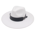 Close-up of white wool fedora hat featuring a black leather belt with silver buckle - White Heart (Black Wide Leather)