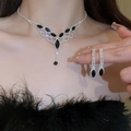 Elegant 2-piece dark style silver jewelry set with black rhinestones and long tassels - 1# Rhinestone V-Shape Tassel Set