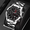 Men's quartz watch with silver stainless steel band and black dial on display pillow - Cool Silver Band Black Face
