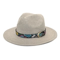 Close-up of a light gray straw fedora with a colorful snakeskin band and gold buckle - M (56-58cm) / Light Gray