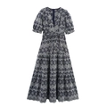 Robe midi bleu marine élégante avec broderie florale blanche et col en V chic - XS / Bleu foncé