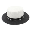 Summer boater straw hat with contrast black and white weaving and ribbon for sun protection - M (56-58cm) / White + Black