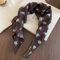 Detail of floral chiffon silk scarf with vintage blue pattern on dark brown fabric - Coffee Floral Retro Slim Silk Scarf Waist Chain