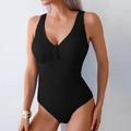 Elegante costume da bagno intero nero in tessuto seersucker con profondo scollo a V sexy - S / Nero