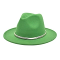 Top view of bright green fedora wool hat with silver metal band on white background - Grass Green