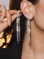 Elegant long silver tassel earrings with sparkling rhinestones for formal evening wear - Silver Straight Drop Tassel Earrings