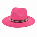 Detail of fuchsia woven straw jazz hat featuring black band and silver square studs - M (56-58cm) / Rose Red