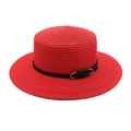 Detail of red flat-top straw hat featuring a black leather band and silver metal buckle - M(56-58cm) / Red