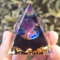 Orgone crystal pyramid with amethyst sphere and tree of life on black stones - Purple Ball Obsidian Tree of Life / Small