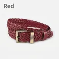 Handwoven red leather belt for women with a vintage golden square pin buckle closure - Red