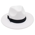 Detail of white felt fedora hat featuring a contrasting black bow ribbon on a white background - One Size / White