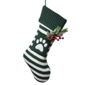 Calza natalizia in maglia a righe bianche e verdi con zampa stampata e pigna decorativa - Zampa Verde