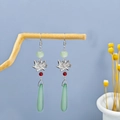 Chinese style long beaded earrings with silver lotus and green jade drop pendant - Light Green Silver Lotus Dark Green Waterdrop Earrings(E4210)