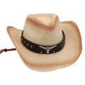 Detail of straw cowboy hat featuring metallic bull head ornament and studded leather band - Beige Red Brown (Black Bull)