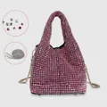 Sparkly hot pink rhinestone bucket bag with crystal handle and silver snake chain strap - Rose Red