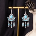 Bohemian silver drop earrings featuring sky blue beads and leaf-shaped tassels - S4297 Blue Alloy Acrylic Dangle Earrings