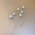Elegant gold tone long tassel earrings with faux pearls and minimalist curved geometric lines - Gold Pearl Tassel Earrings (S925 Silver Needle)