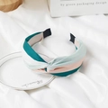 Twisted knot headband featuring patchwork dark green, pink, and white chiffon fabric - Striped Knot (FK-B267 Green)