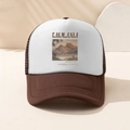 Detail of a brown and white mesh trucker hat with Tasmania scenery and text print - Coffee