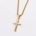 Macro view of two-tone gold and silver cross pendant with central zircon gemstone - With Chain / Gold & Silver