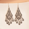 Vintage hollow flower drop fringe earrings in antique silver finish for women - Earring Hooks - Silver