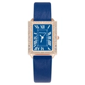 Elegant square women's quartz watch with navy blue leather strap and diamond bezel - Blue