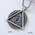 Detailed macro view of silver triangle evil eye pendant with 36mm size and 18g weight info - Triangle Eye of Providence Style