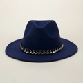 Detail of navy wool fedora hat featuring a chunky polished silver chain band decoration - M (56-58cm) / Navy Blue