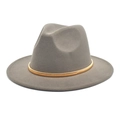 Close-up of a wide-brim grey wool fedora hat with a premium gold metallic band detail - M (56-58cm) / Light Gray