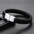 Men's black braided leather bracelet with a polished silver magnetic metal clasp - 19cm / Silver Buckle Black Leather