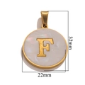 Gold stainless steel letter F pendant with round shell inlay, 32mm total height - Gold F