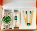 Elegant gold watch set with green dial, matching bracelet and necklace in gift box - Green Watch Set (Orange Box)