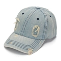 Detailed side view of light blue washed denim baseball cap with distressed hole accents - One Size (56-60cm) / Light Blue(B)