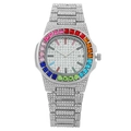 Silver luxury women's watch with rainbow crystal bezel and full rhinestone encrusted band - Silver
