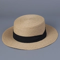 Close-up of woven raffia boater hat texture with decorative black ribbon band - M (56-58cm Adjustable) / Black Strap