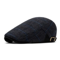 Classic dark grey wool blend newsboy flat cap with vintage blue plaid pattern - Black