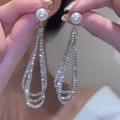 Silver long tassel earrings with white pearls and sparkling rhinestone waterdrop design - Pearl Rhinestone Tassel / Silver