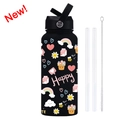 Borraccia sportiva 1L nera in acciaio inox con graziosi doodle, cannucce e spazzola - Nero 9C