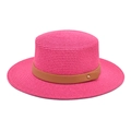 Detail view of pink straw hat with brown leather band and gold buckle on flat brim - M (56-58cm) / Rose Red