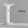 Minimalist white pet grooming deshedding tool with curved blade and gray button - Push-Button Cleaning Thinning Comb / White