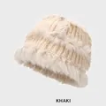 Winter rabbit fur knit hat in khaki color featuring soft fluffy trim for warm protection - M (54-58cm) / Khaki
