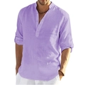 Men's loose purple cotton linen long sleeve shirt with classic henley collar design - M / Purple