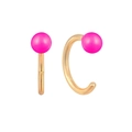 Detail of S925 silver ear hooks with golden C-shape design and bright pink enamel beads - Rose Red