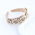 Detailed view of luxury champagne silk headband with sparkling crystal floral patterns - Champagne Satin Style (D)